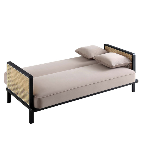 Pienza Cane Sofa Bed, Taupe Velvet with Black Solid Wood Frame