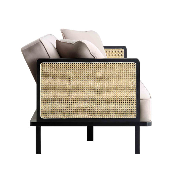 Pienza Cane Sofa Bed, Taupe Velvet with Black Solid Wood Frame