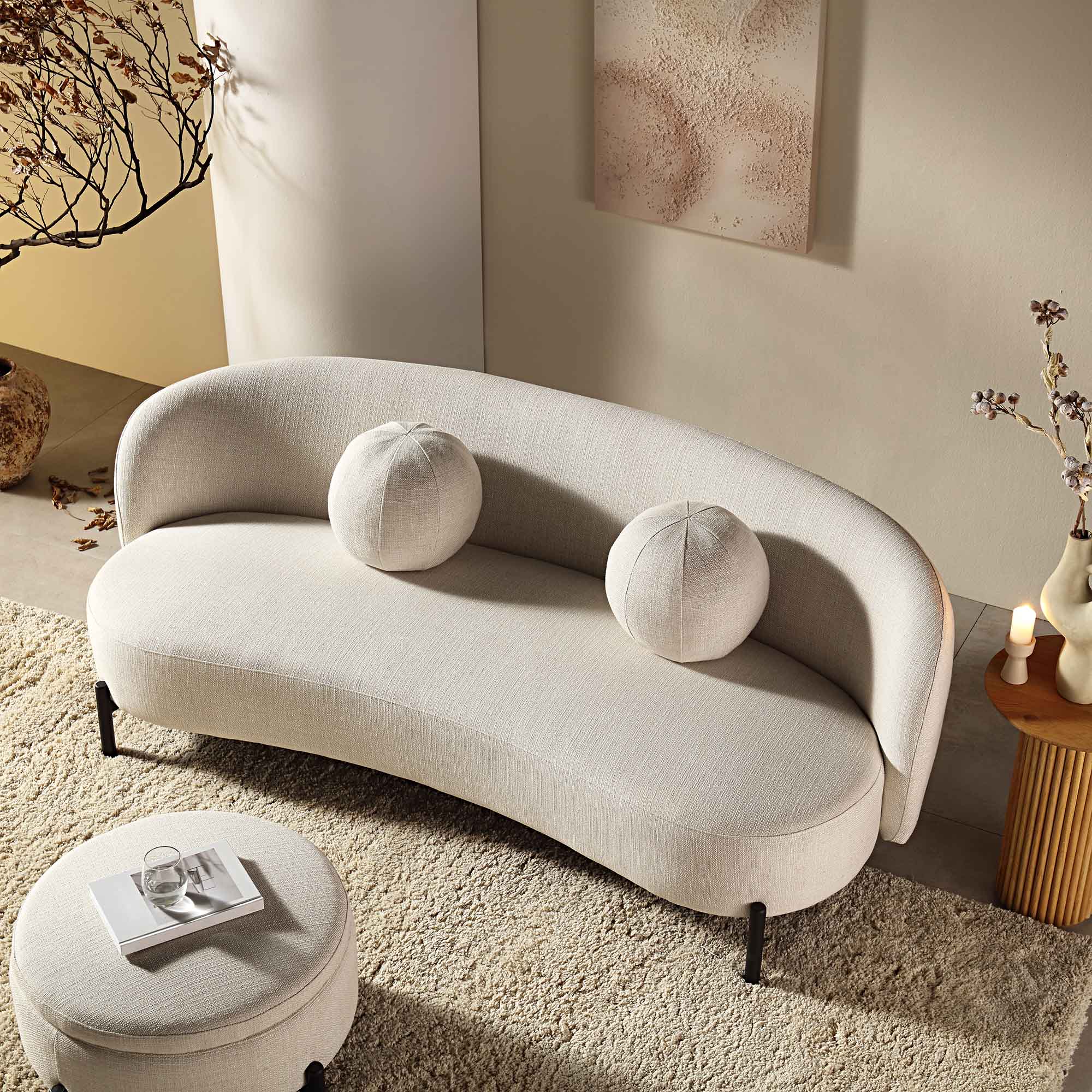 Amboise 3-Seater Curved Sofa with Ball Cushions, Beige Linen Blend