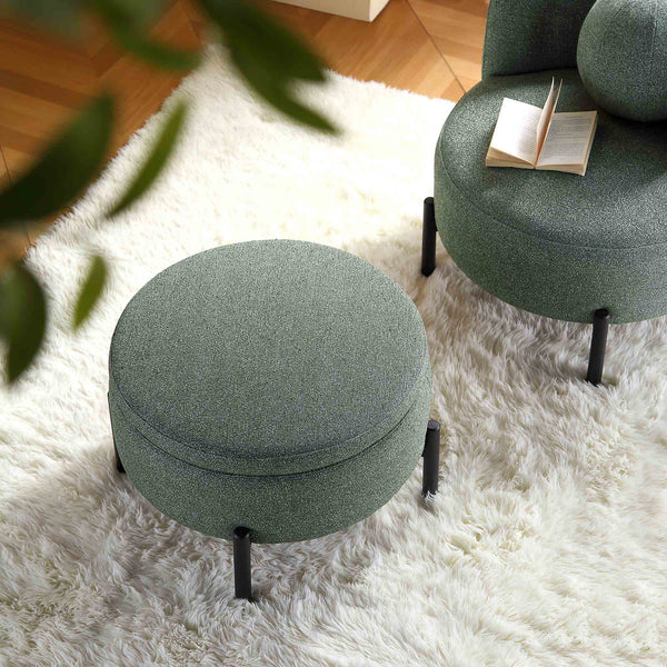 Amboise Round Storage Pouffe, Spruce Green Textured Fabric