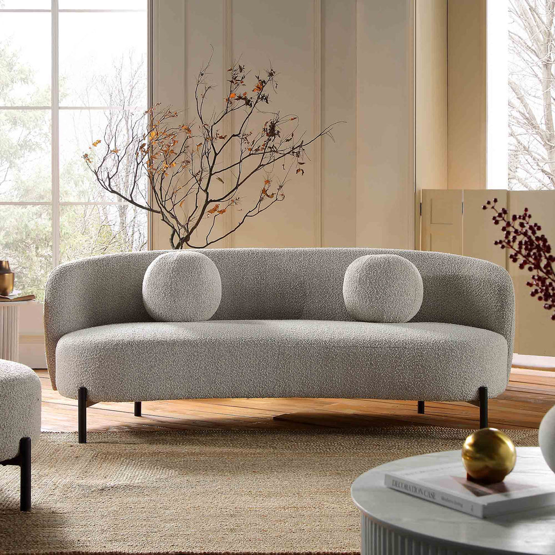 Amboise 3-Seater Curved Sofa with Ball Cushions, Mist Grey Boucle | daals