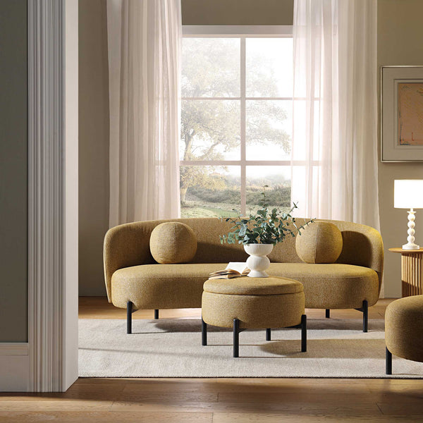 Amboise 3 - Seater Curved Sofa with Ball Cushions, Marigold Textured Fabric - daals
