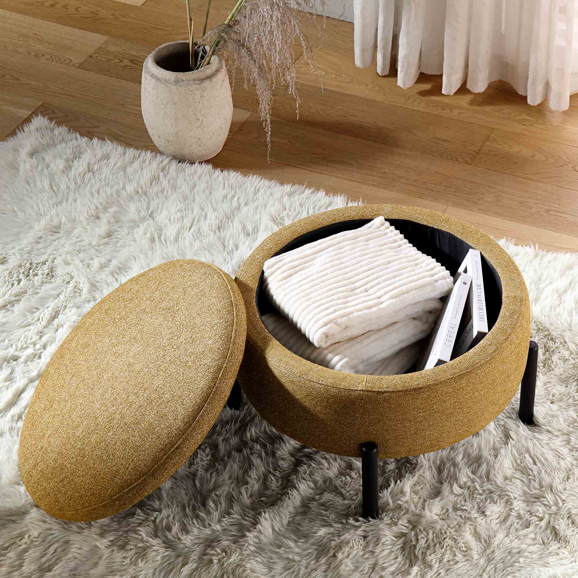 Amboise Round Storage Pouffe, Marigold Textured Fabric