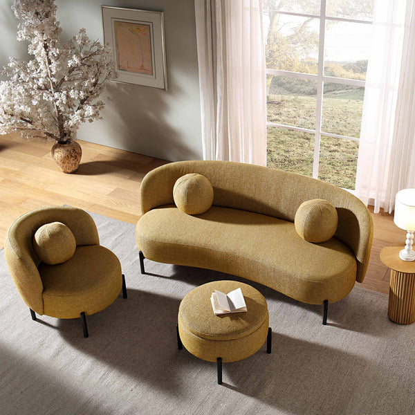 Amboise 3 - Seater Curved Sofa with Ball Cushions, Marigold Textured Fabric - daals