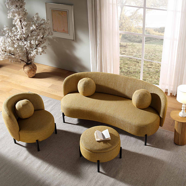 Amboise 3-Seater Curved Sofa with Ball Cushions, Marigold Textured Fabric