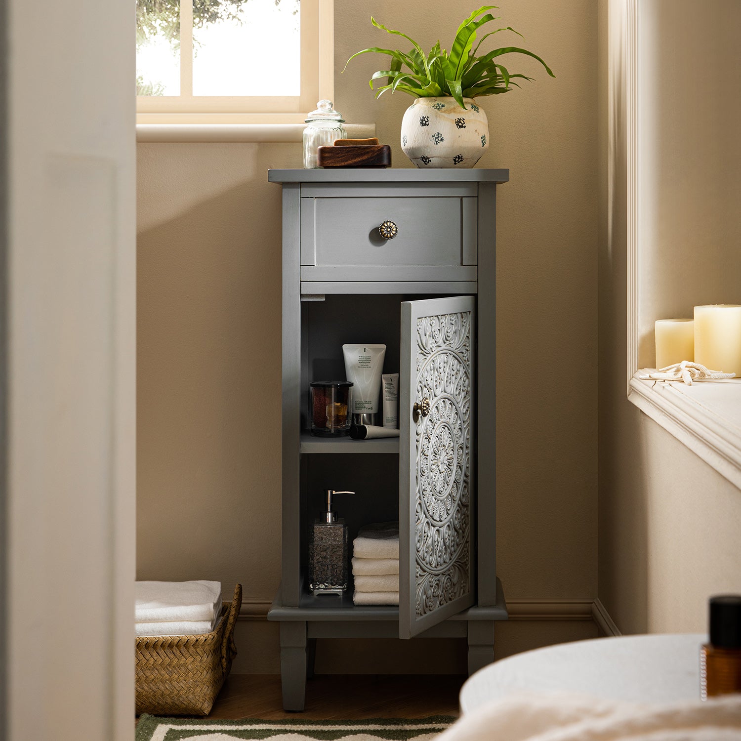 Chantilly Mid Grey Carved Bathroom Cupboard