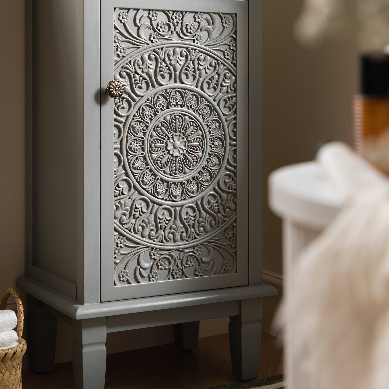 Chantilly Mid Grey Carved Bathroom Cupboard