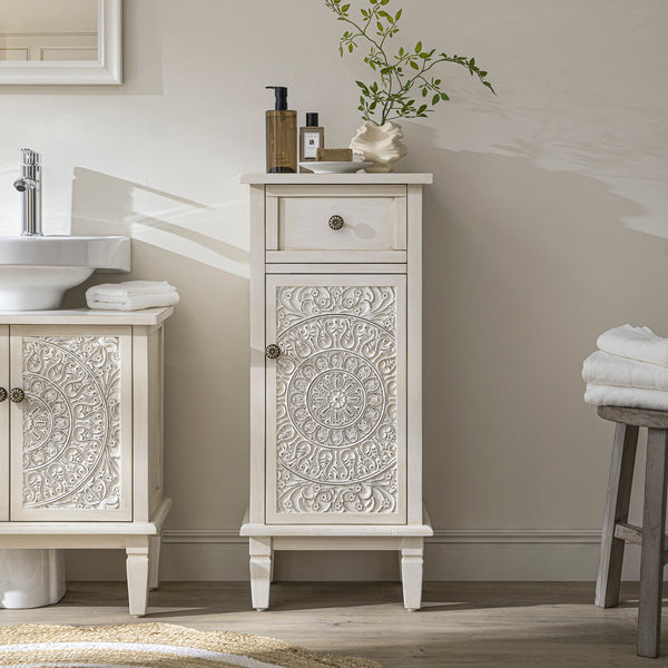 Chantilly Whitewashed Carved Bathroom Cupboard