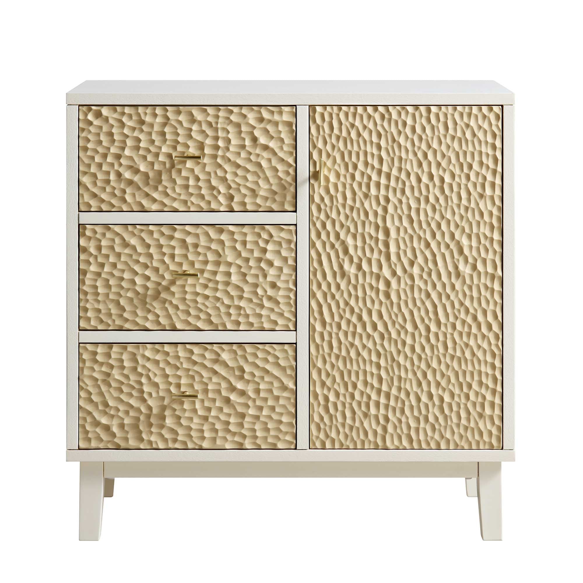 Bianca Chip Carved 1 Door 3 Drawer Small Sideboard, Sand Beige & Ivory