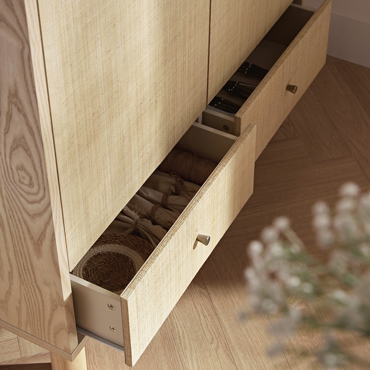 Maude Large Storage Cabinet, Natural Ash with Raffia