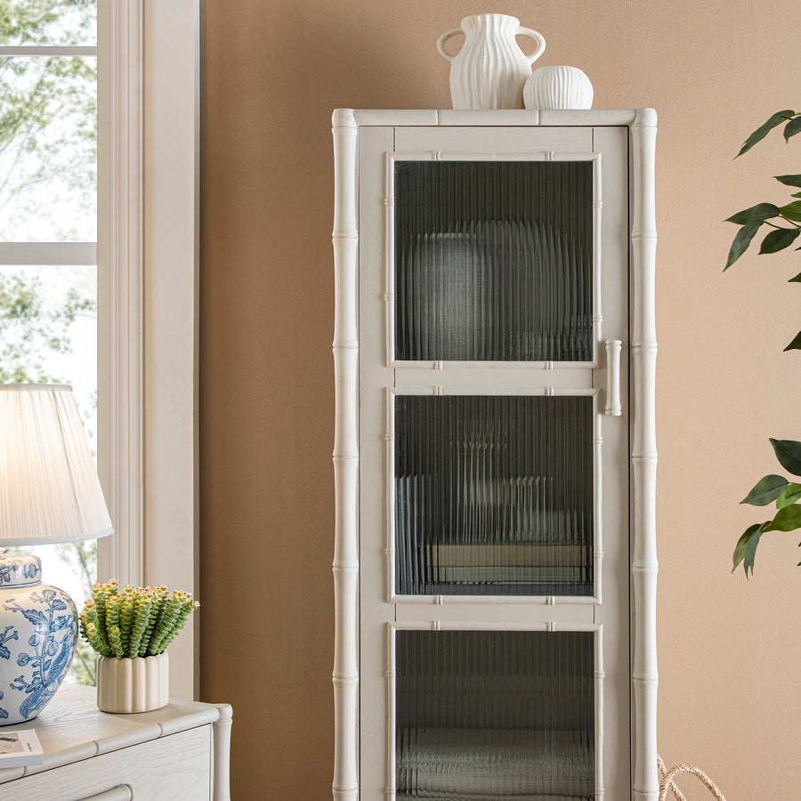 Elstowe Faux Bamboo and Fluted Glass 1-Door Cabinet, Shaded White