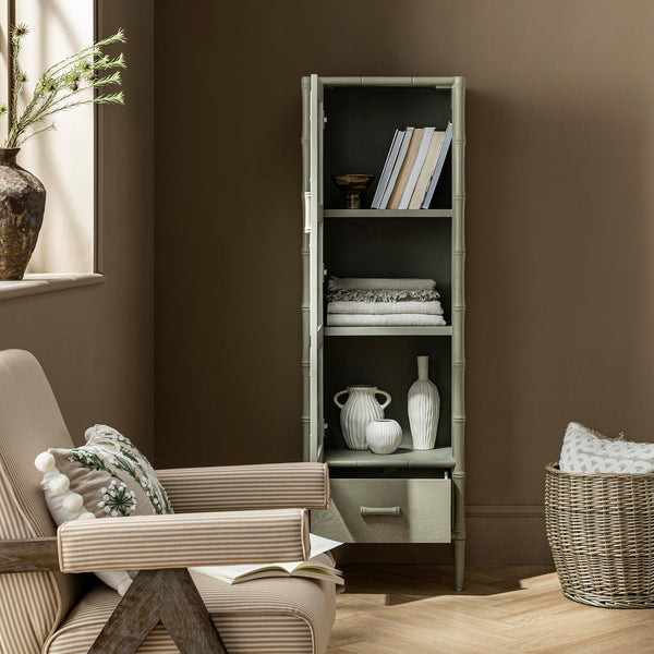 Elstowe Faux Bamboo and Fluted Glass 1-Door Cabinet, Sage Green