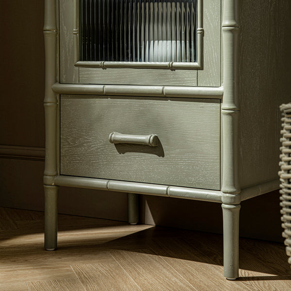 Elstowe Faux Bamboo and Fluted Glass 1-Door Cabinet, Sage Green
