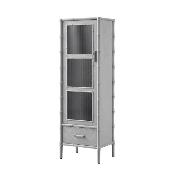 Elstowe Faux Bamboo and Fluted Glass 1-Door Cabinet, Warm Grey