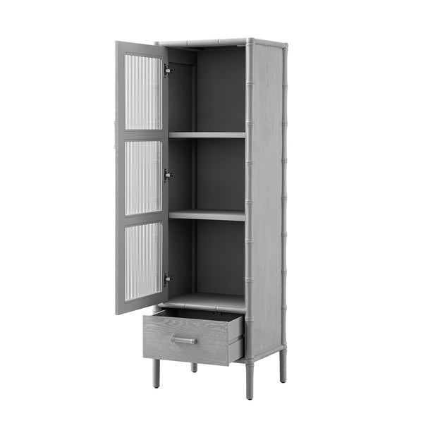 Elstowe Faux Bamboo and Fluted Glass 1-Door Cabinet, Warm Grey