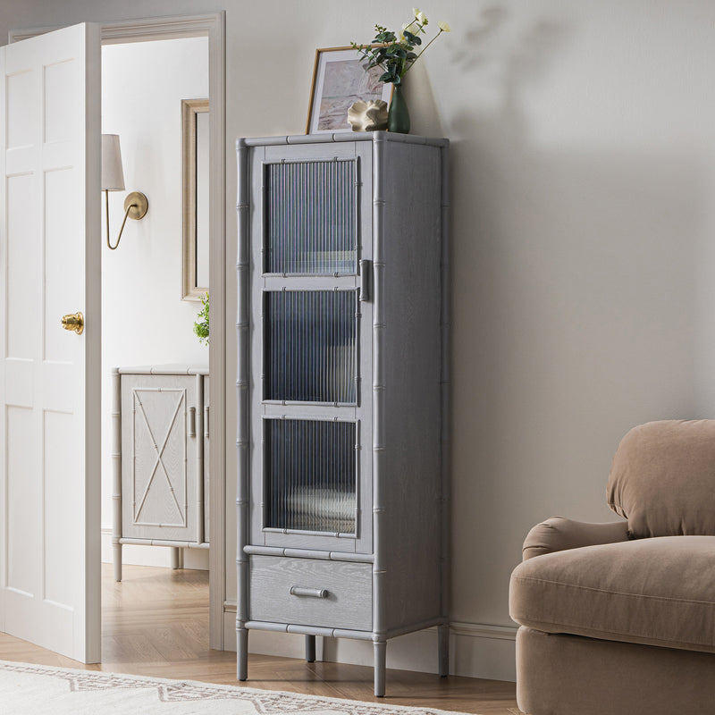 Elstowe Faux Bamboo and Fluted Glass 1-Door Cabinet, Warm Grey