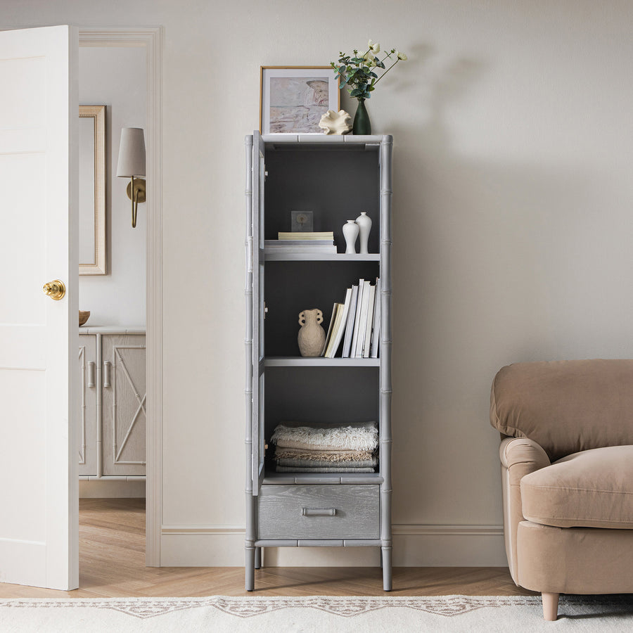 Elstowe Faux Bamboo and Fluted Glass 1-Door Cabinet, Warm Grey