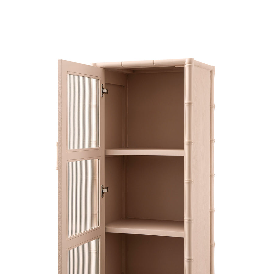 Elstowe Faux Bamboo and Fluted Glass 1-Door Cabinet, Nude Pink