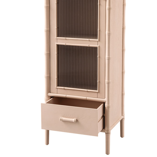 Elstowe Faux Bamboo and Fluted Glass 1-Door Cabinet, Nude Pink