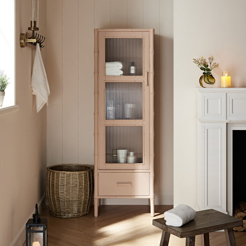 Elstowe Faux Bamboo and Fluted Glass 1 - Door Cabinet, Nude Pink - daals