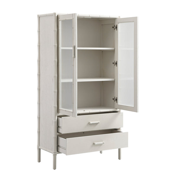 Elstowe Faux Bamboo and Fluted Glass 2-Door Cabinet, Shaded White
