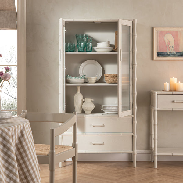 Elstowe Faux Bamboo and Fluted Glass 2-Door Cabinet, Shaded White