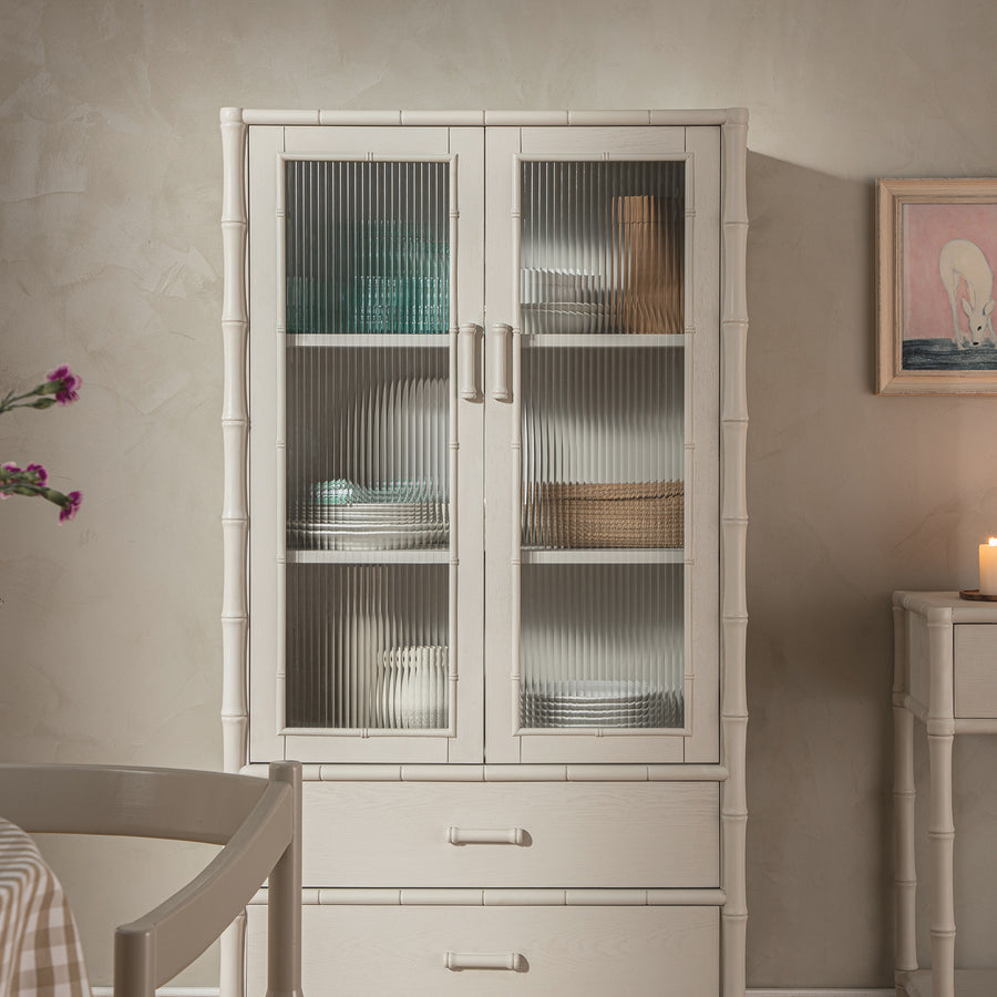 Elstowe Faux Bamboo and Fluted Glass 2-Door Cabinet, Shaded White