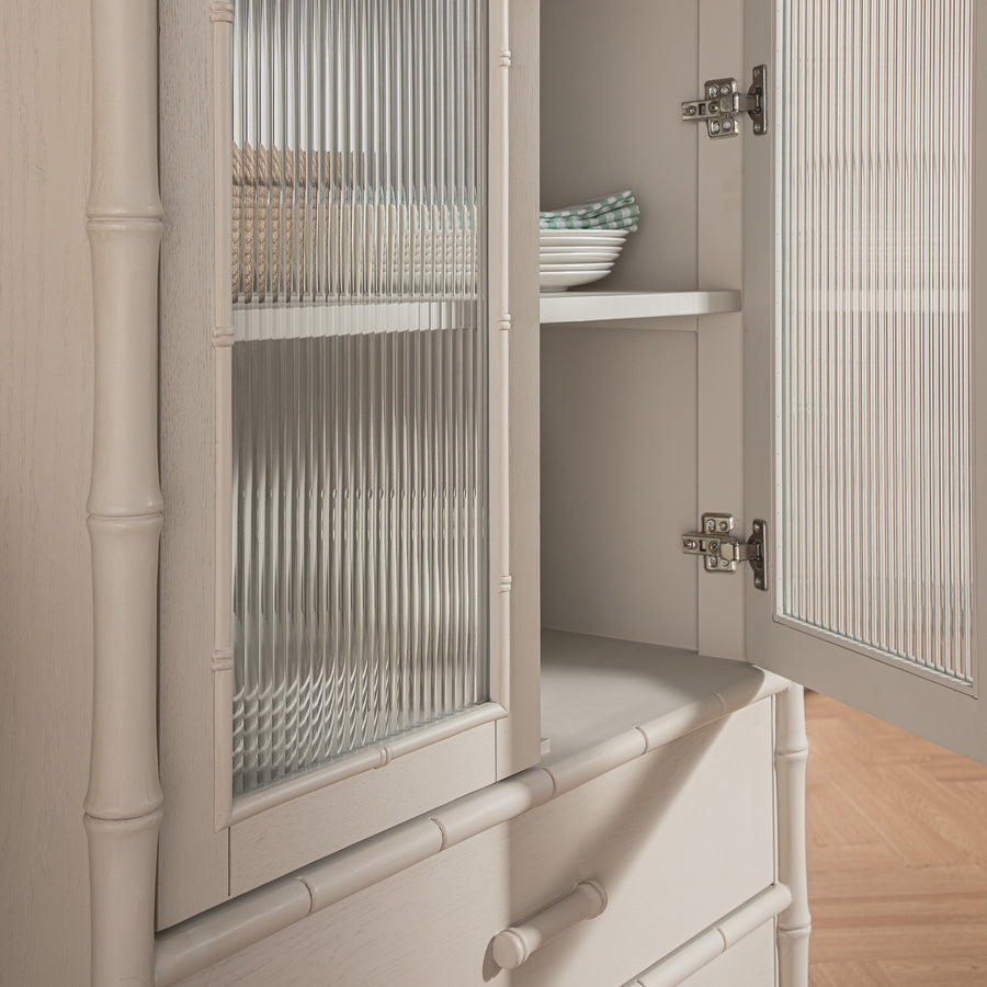 Elstowe Faux Bamboo and Fluted Glass 2-Door Cabinet, Shaded White