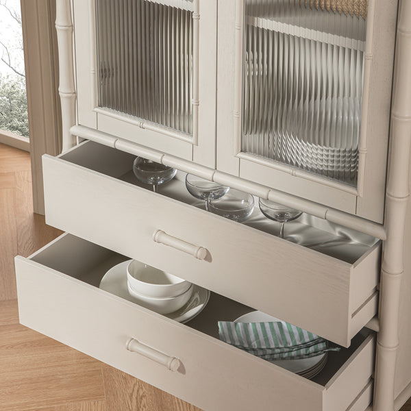 Elstowe Faux Bamboo and Fluted Glass 2-Door Cabinet, Shaded White