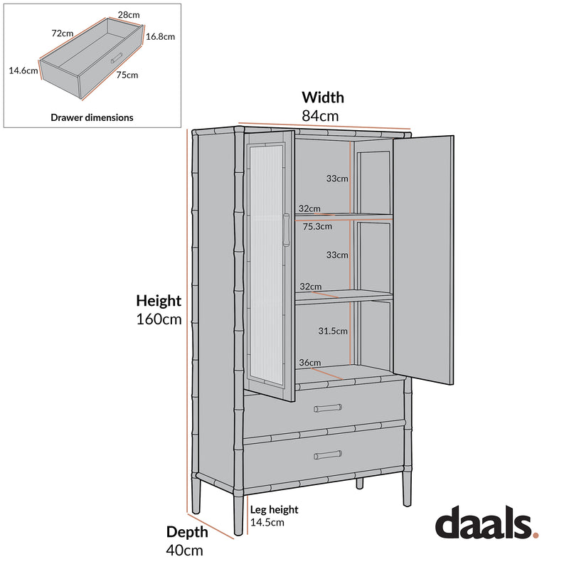 Elstowe Faux Bamboo and Fluted Glass 2-Door Cabinet, Shaded White