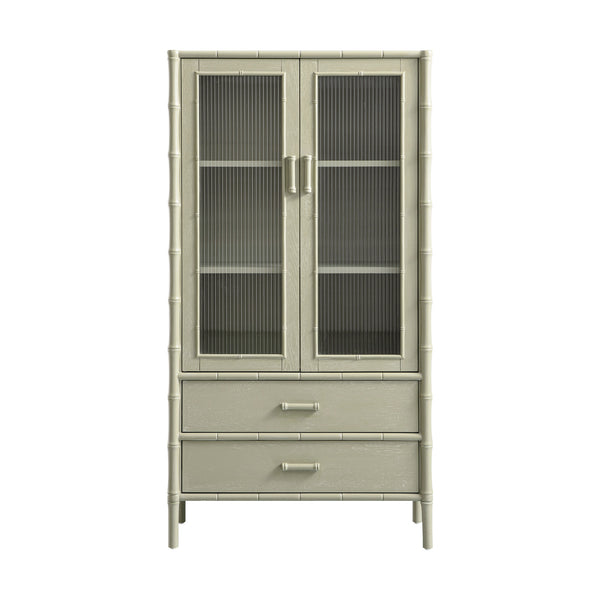 Elstowe Faux Bamboo and Fluted Glass 2-Door Cabinet, Sage Green