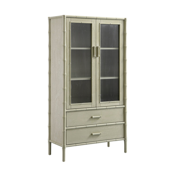 Elstowe Faux Bamboo and Fluted Glass 2-Door Cabinet, Sage Green