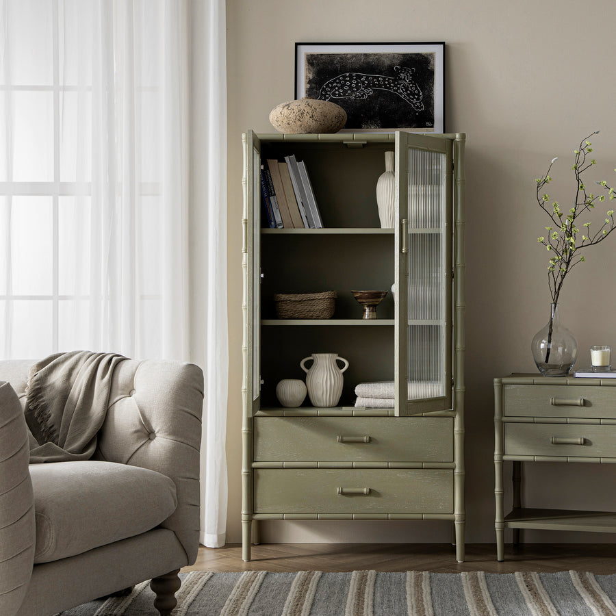 Elstowe Faux Bamboo and Fluted Glass 2-Door Cabinet, Sage Green