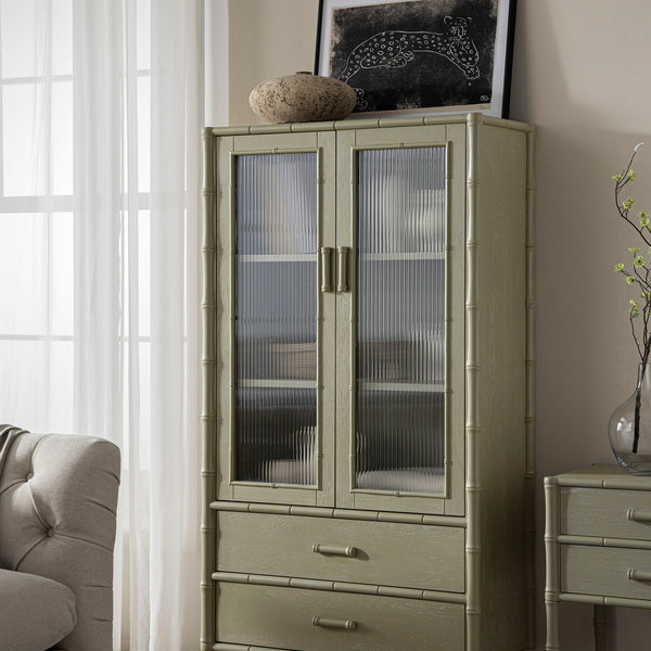 Elstowe Faux Bamboo and Fluted Glass 2-Door Cabinet, Sage Green