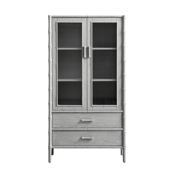 Elstowe Faux Bamboo and Fluted Glass 2-Door Cabinet, Warm Grey