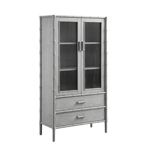 Elstowe Faux Bamboo and Fluted Glass 2-Door Cabinet, Warm Grey