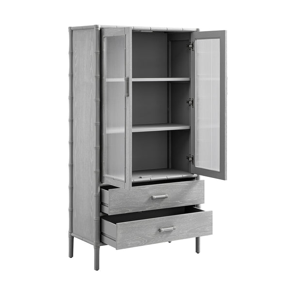 Elstowe Faux Bamboo and Fluted Glass 2-Door Cabinet, Warm Grey