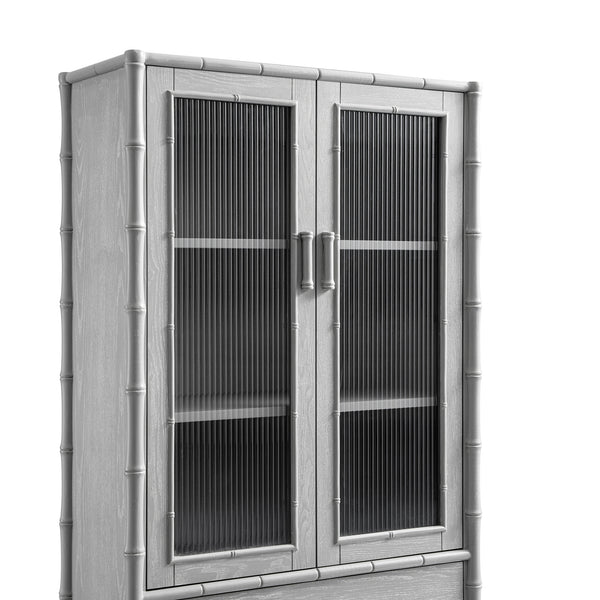 Elstowe Faux Bamboo and Fluted Glass 2-Door Cabinet, Warm Grey