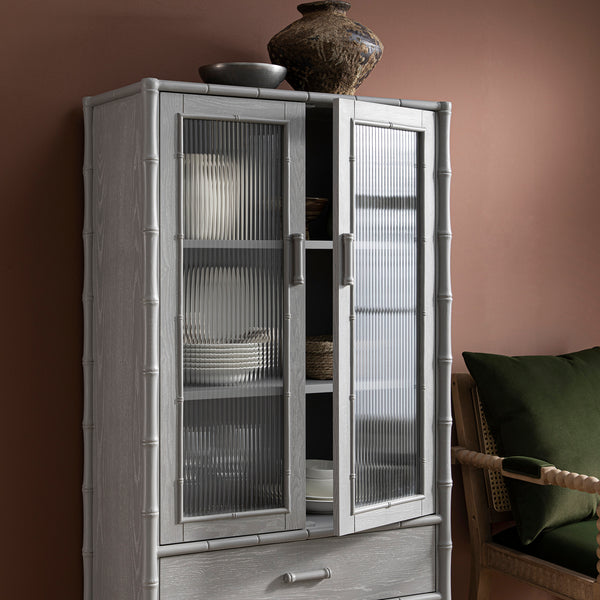 Elstowe Faux Bamboo and Fluted Glass 2-Door Cabinet, Warm Grey