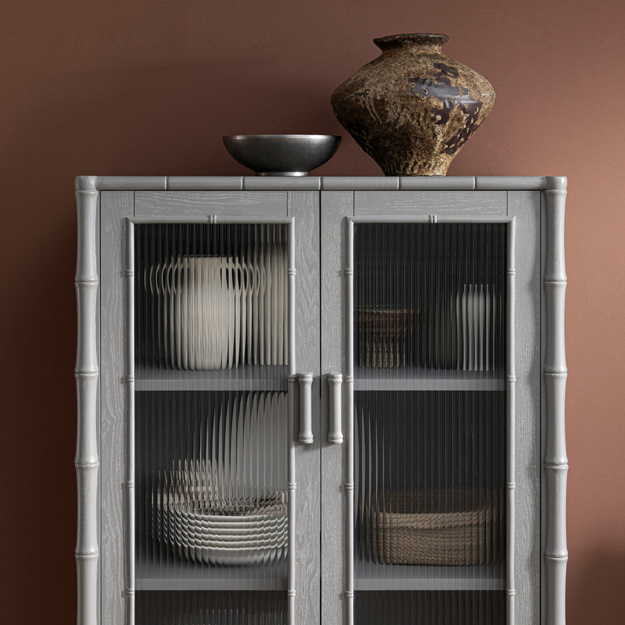 Elstowe Faux Bamboo and Fluted Glass 2-Door Cabinet, Warm Grey
