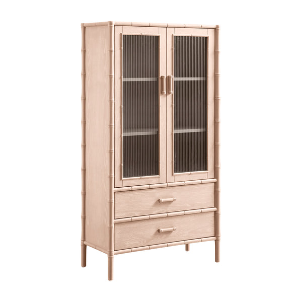 Elstowe Faux Bamboo and Fluted Glass 2-Door Cabinet, Nude Pink