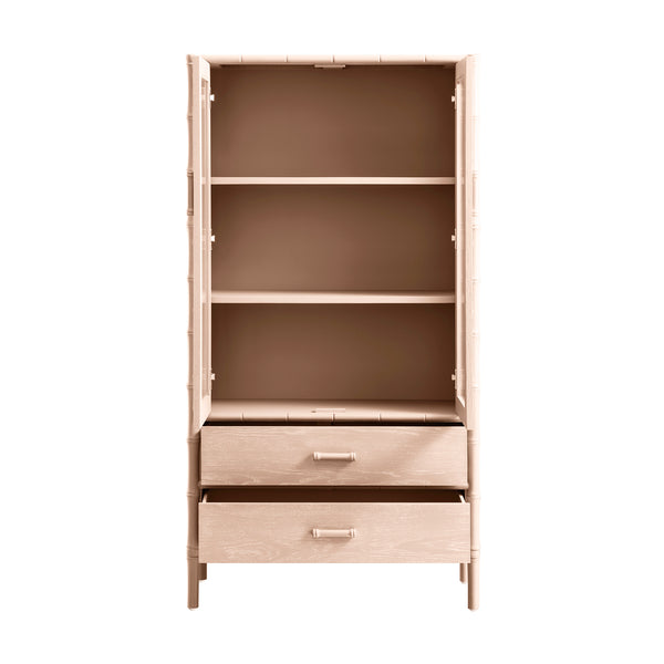 Elstowe Faux Bamboo and Fluted Glass 2-Door Cabinet, Nude Pink