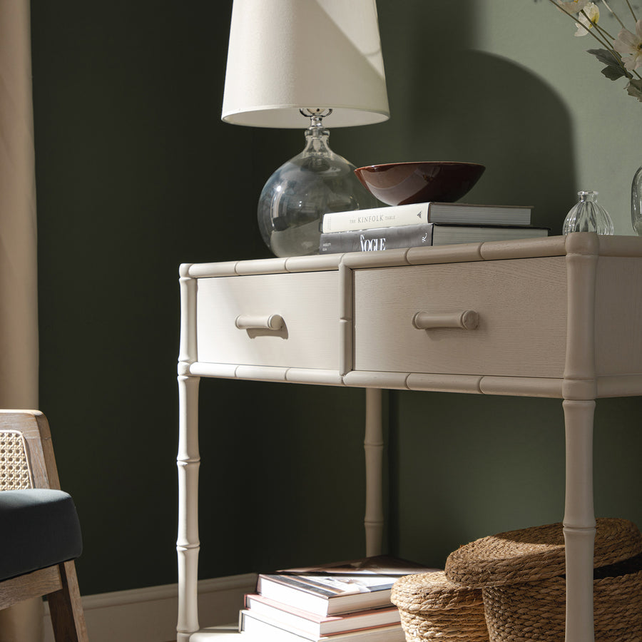 Elstowe Faux Bamboo 2-Drawer Console Table, Shaded White