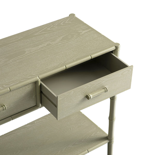 Elstowe Faux Bamboo 2-Drawer Console Table, Sage Green