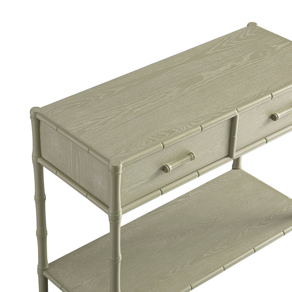 Elstowe Faux Bamboo 2-Drawer Console Table, Sage Green