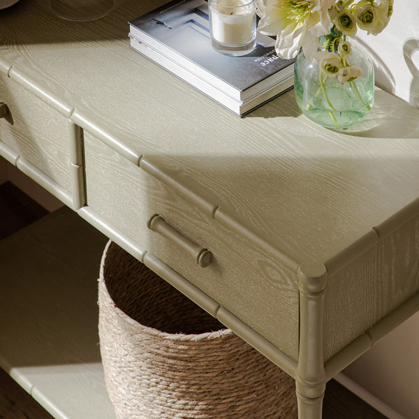 Elstowe Faux Bamboo 2-Drawer Console Table, Sage Green