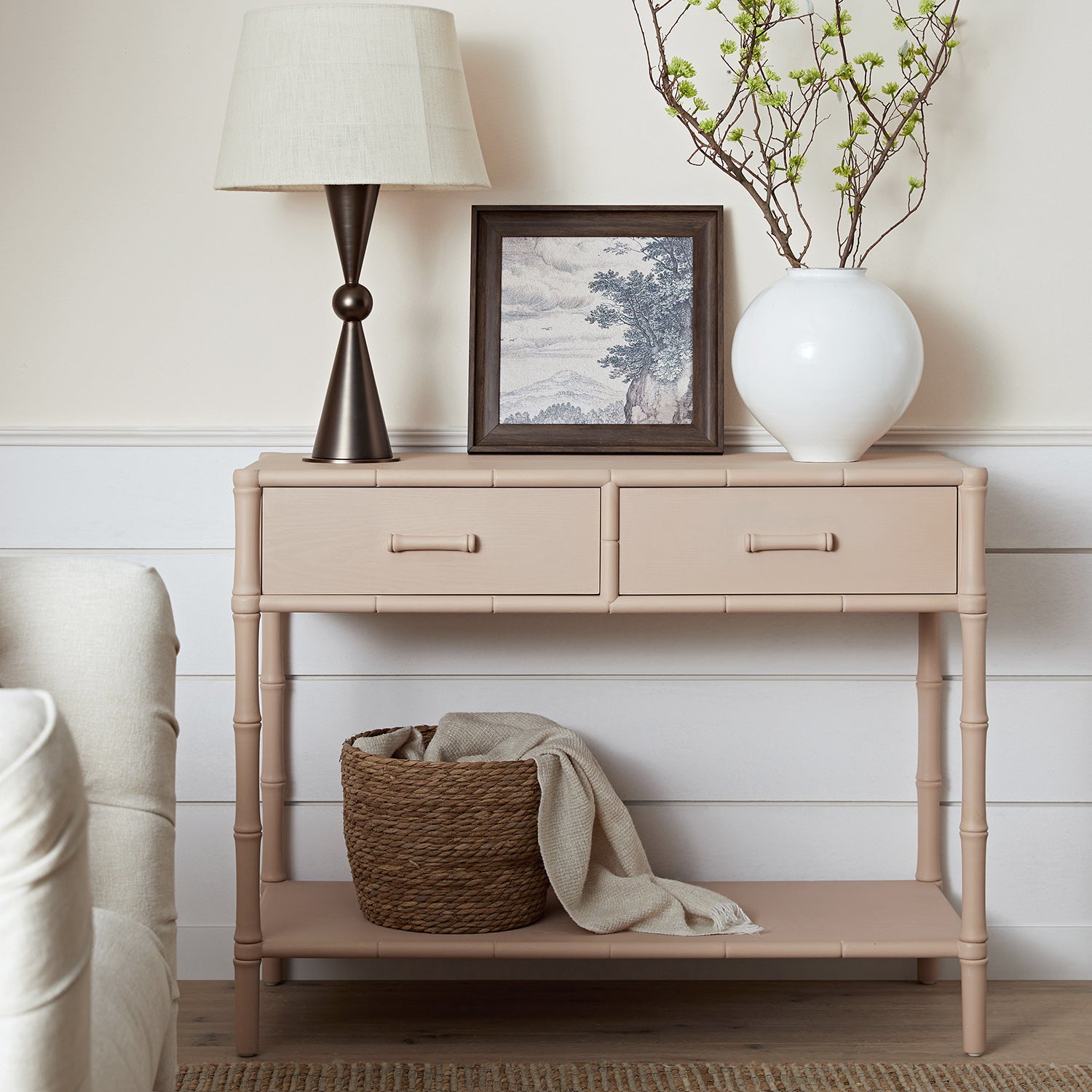 Elstowe Faux Bamboo 2-Drawer Console Table, Nude Pink