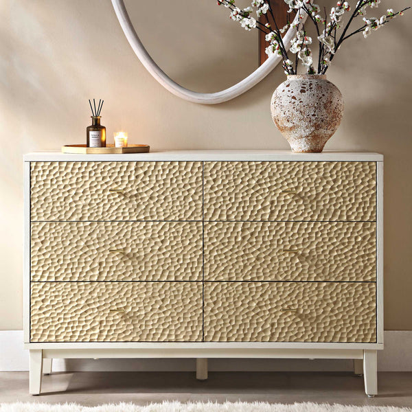 Bianca Chip Carved 6 Drawer Chest, Sand Beige & Ivory