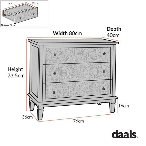 Chantilly Mid Grey Carved 3 Drawer Chest