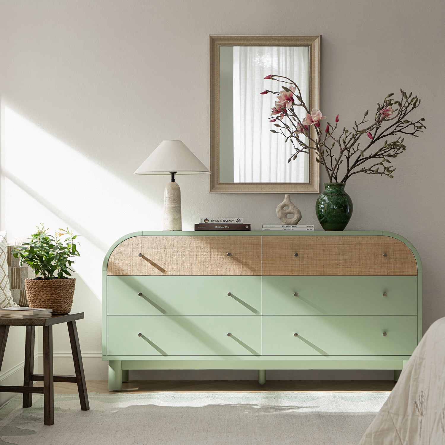 Maude Chest of 6 Drawers, Muted Pistachio Ash with Raffia